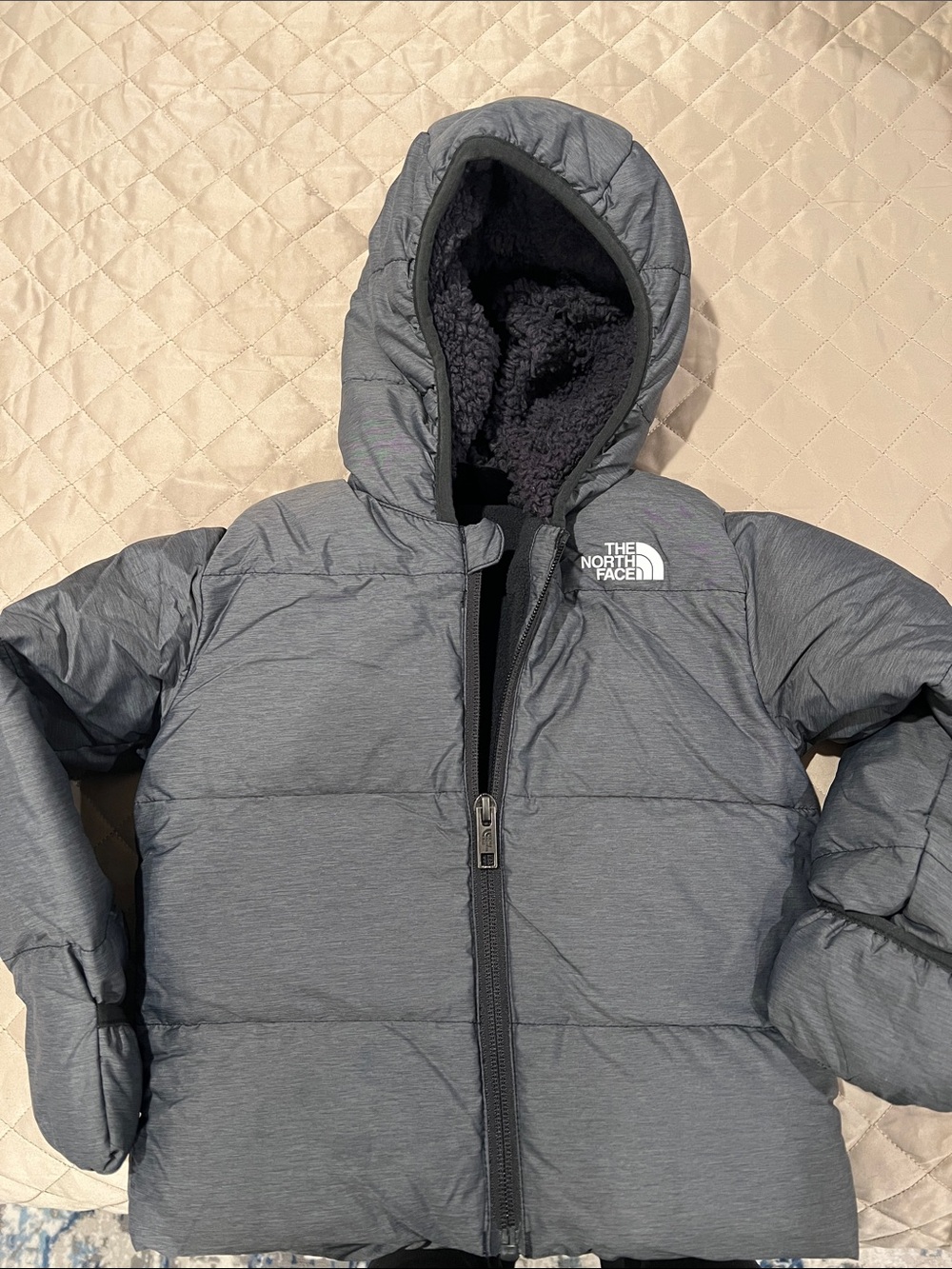 The North Face Charcoal Gray Hooded Puffer Jacket with Sherpa Lining